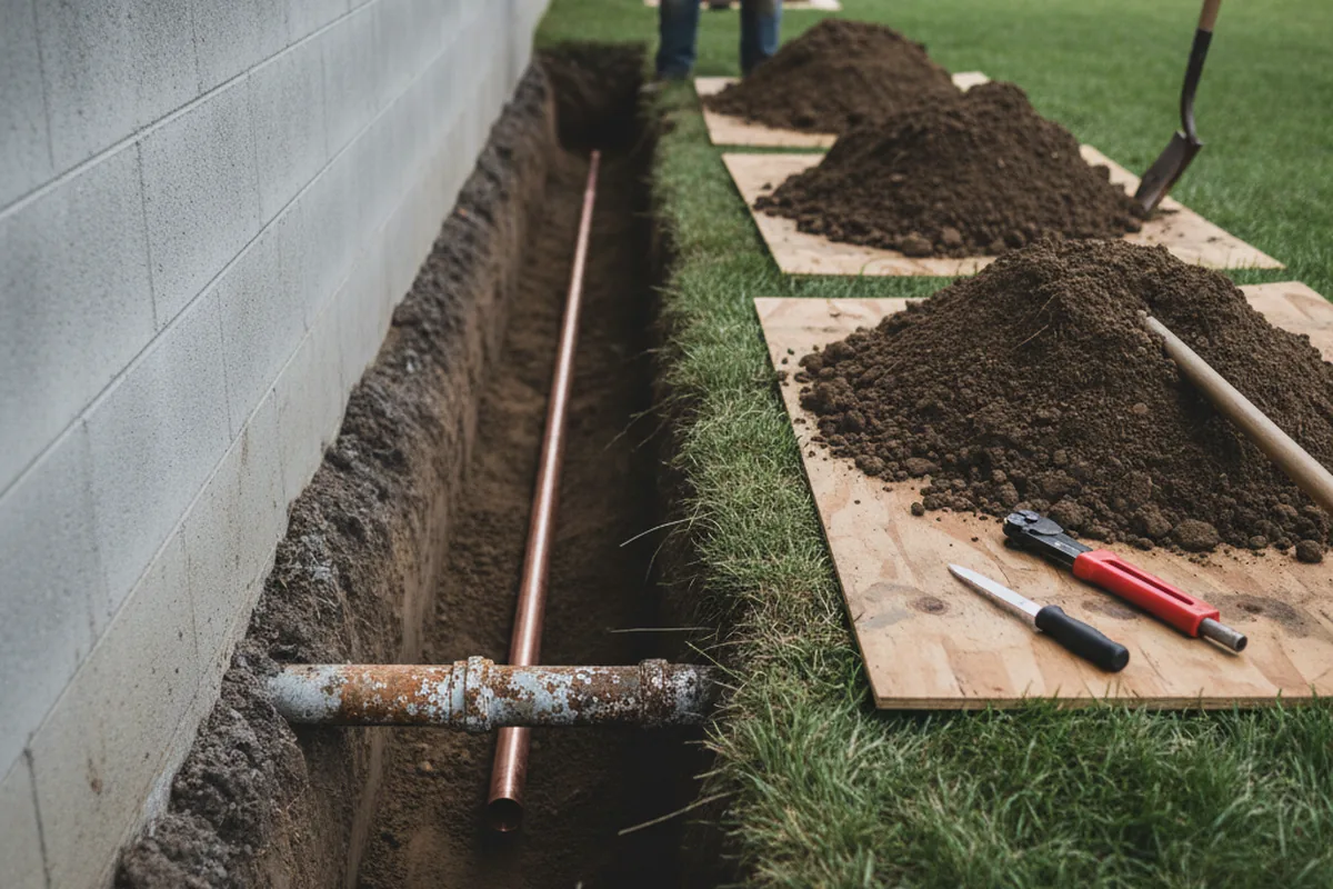 Excavated water line trench during Water Softener Installation in Pleasant Hall